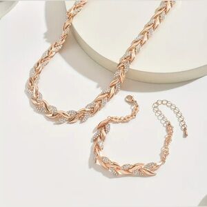 Rose Gold & Silver Inlaid CZ Diamond Fish Tail Necklace & Bracelet Set - 2 pcs
